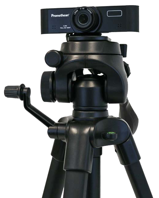 Close up view of a Promethean webcam mounted on a tripod